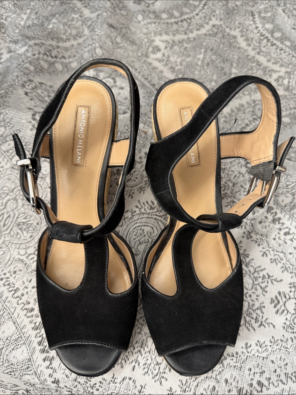 ANTONIO MELANI Black Suede T-Strap Open-Toe Heels - Size 10